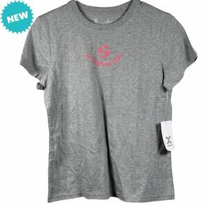Xersion T-Shirt Girls Size L 14/16 Graphic Tee Soccer Gray Pink Short Sleeve NEW